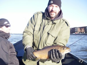 This nice male Brown Trout hit while fishing a Chatruse and fire dot hot shot behind my drift boat